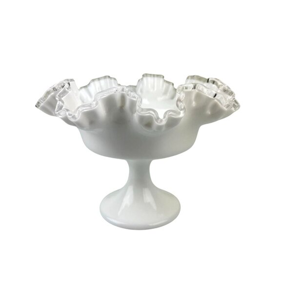 Fenton Silver Crest Pedestal Compote Bowl Clear Ribbon Ruffle White Milk Glass - Picture 13 of 13